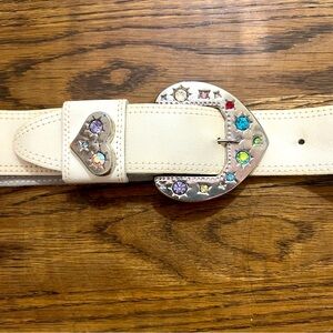 Vintage Leather Belt with Rhinestone Buckle - M/L